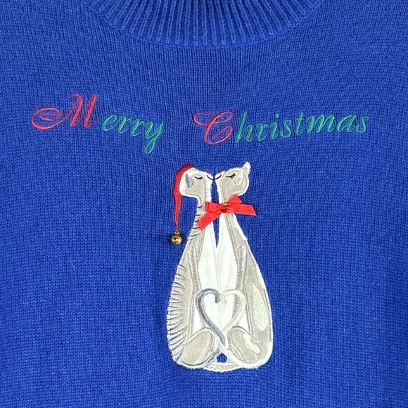 MERRY BRIGHT Cat Christmas Sweater Blue Holiday Pullover - Picture 2 of 7